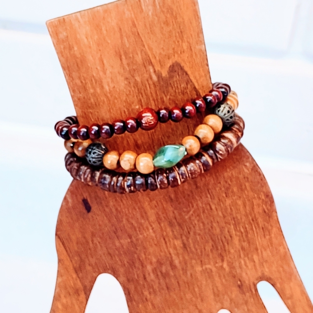 VINTAGE BRACELET SET WOOD BEAD, COCONUT SHELL BEAD AND WOOD WITH AVENTURINE